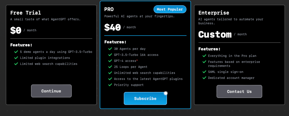 screenshot showing AgentGPT's pricing options